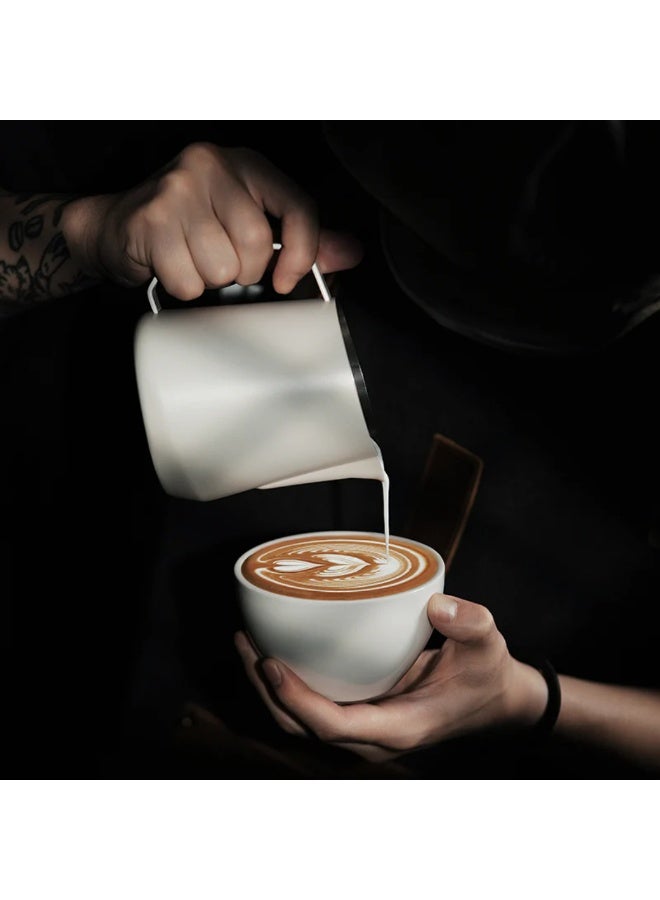 MHW-3BOMBER GT Milk Pitcher Matte White 400 ml - SUS304 Stainless Steel Latte Art Frothing Jug with U-Shape Spout, Diamond Handle & Tilted Base for Precision Pouring - Image 4